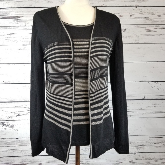 Escada black and silver striped twin set cardigan sleeveless top women's size 8 - Picture 4 of 9